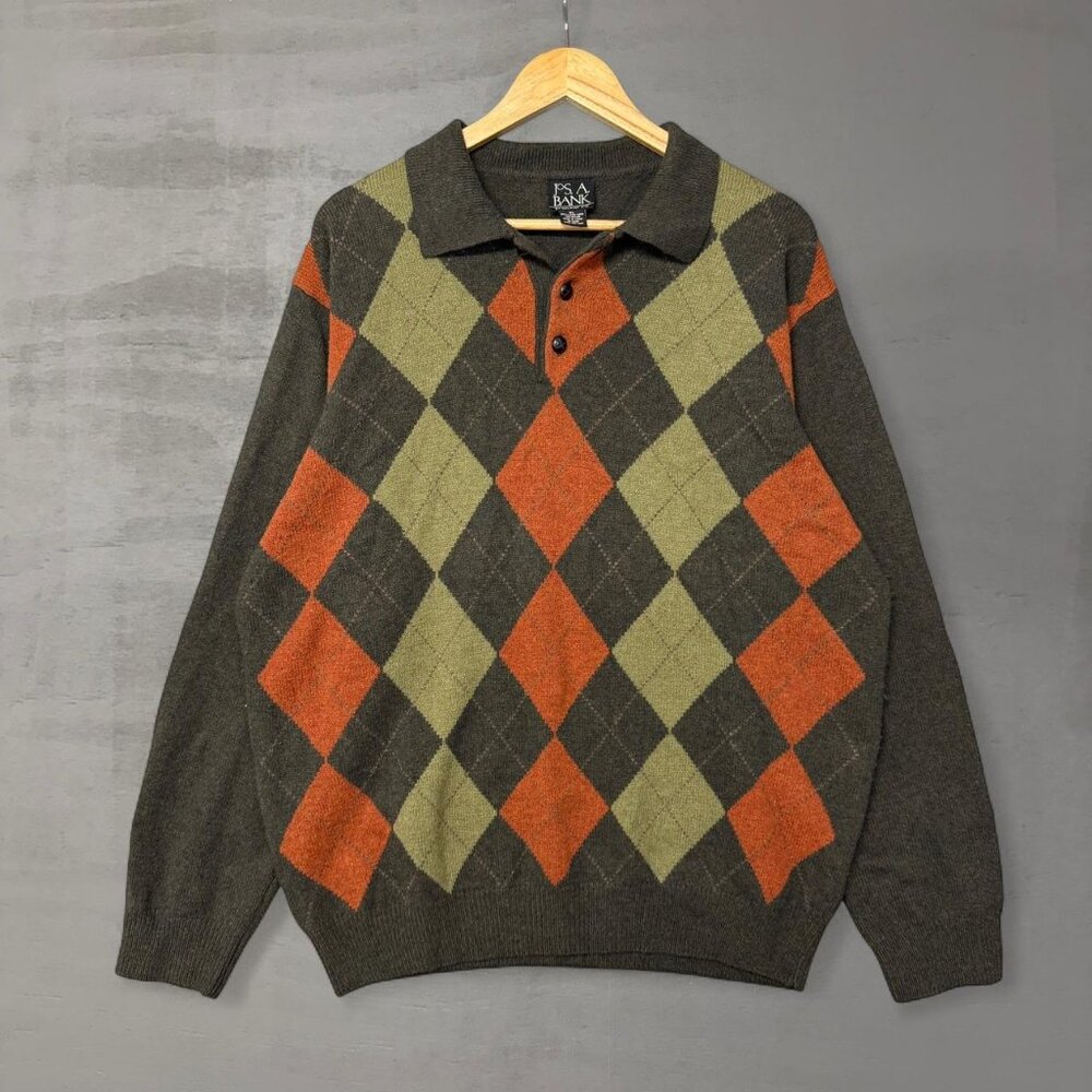 Vintage Jos. A Bank Argyle Wool Blend‎ Soft Henley Sweater Green Men’s XL